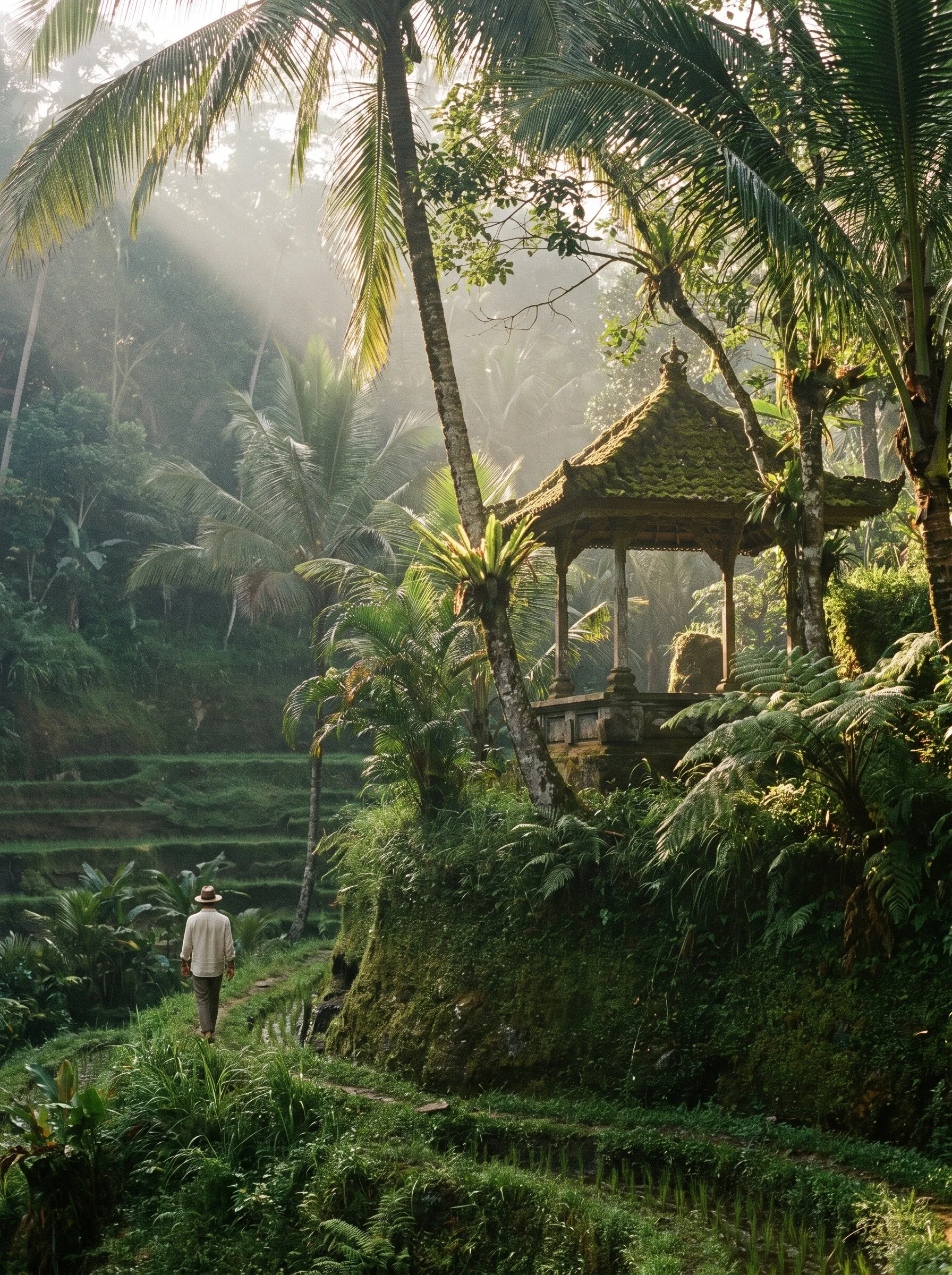 A traveller on a jungle path below a moss-covered pavilion in Bali