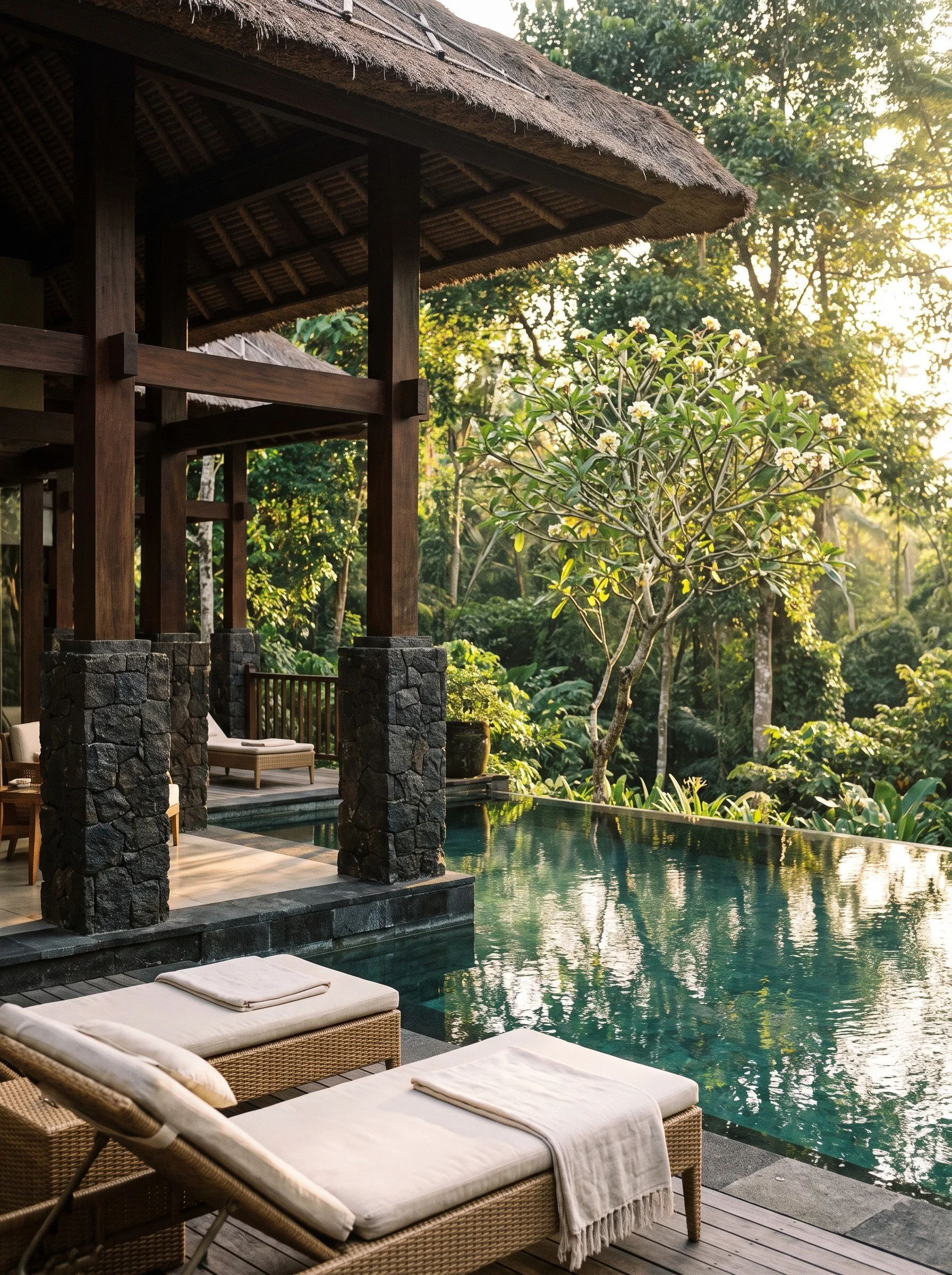 Daybeds on a timber terrace beside a pool surrounded by jungle