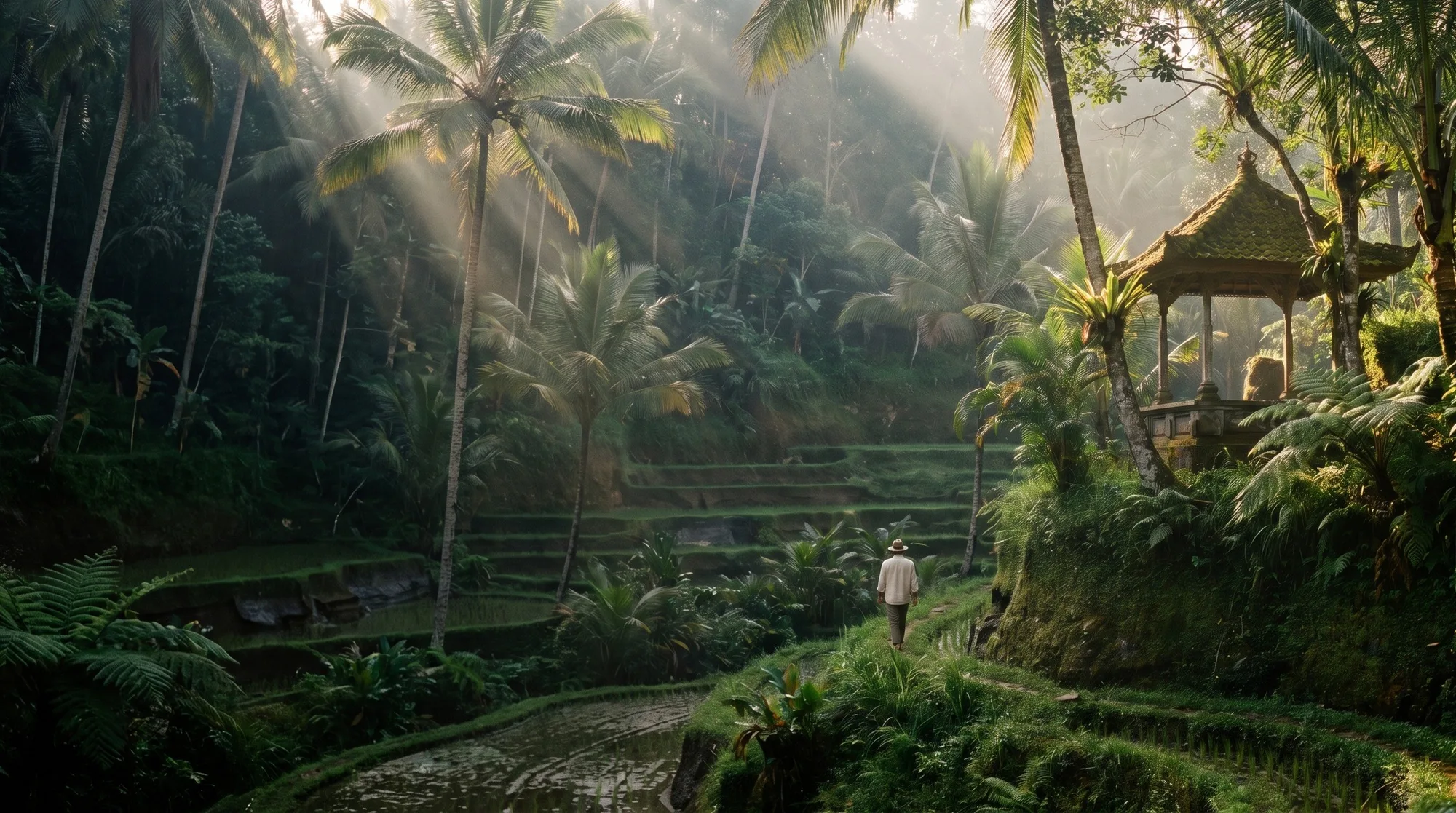 Morning light falling through palms onto terraced jungle and a pavilion in Bali