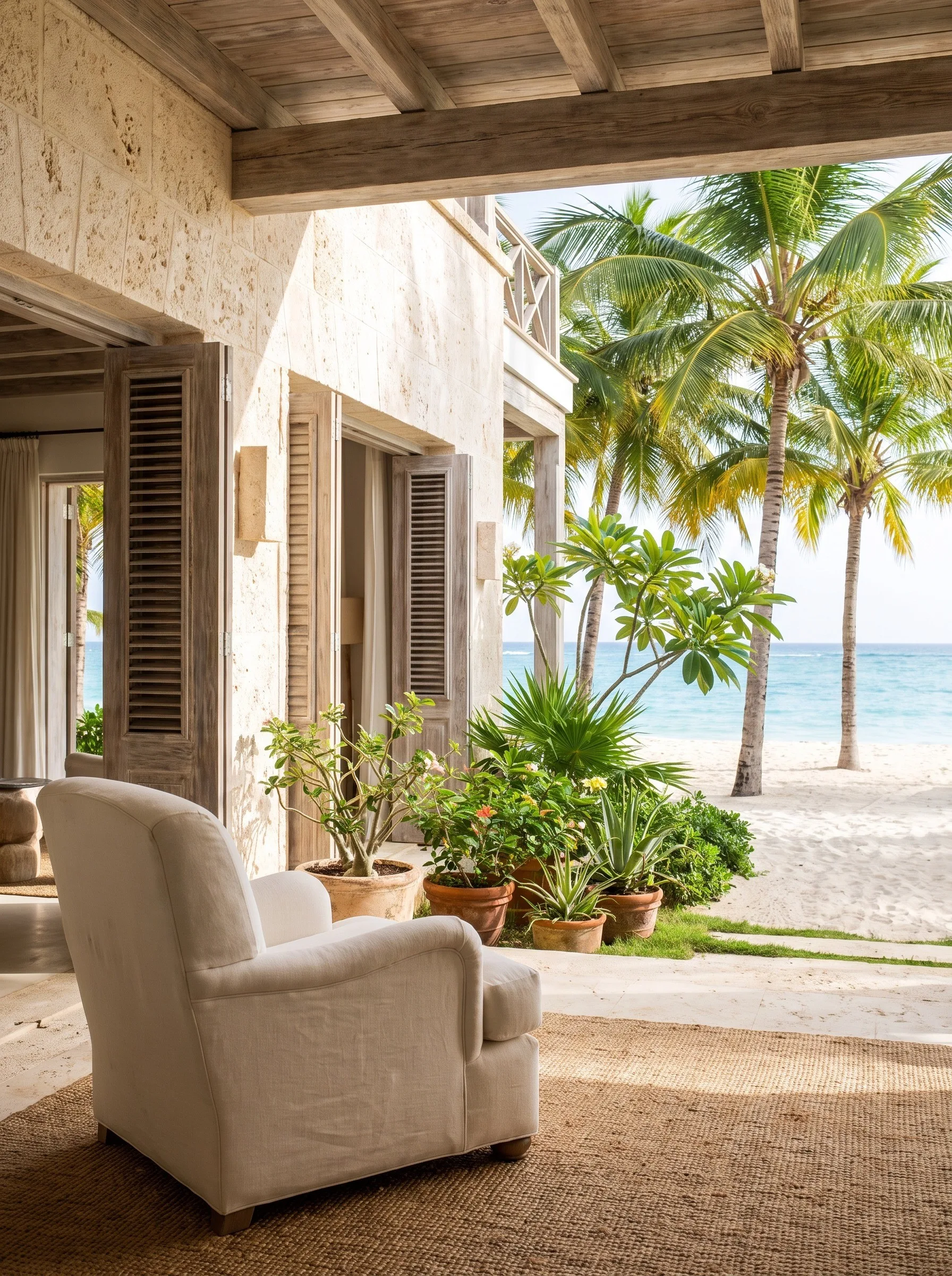 An armchair on a shaded veranda looking out to palms and the beach