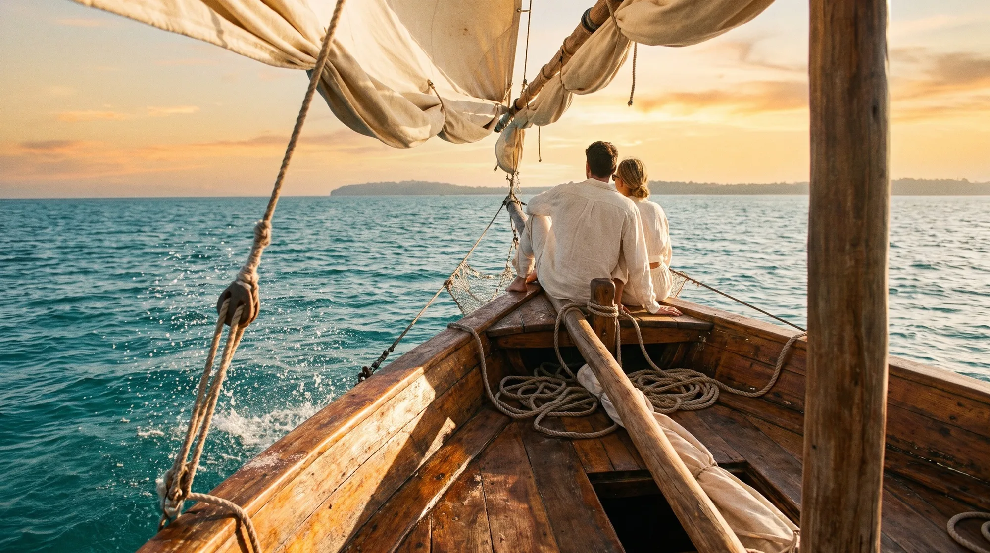 A couple sitting on the bow of a wooden dhow sailing at sunset off Zanzibar