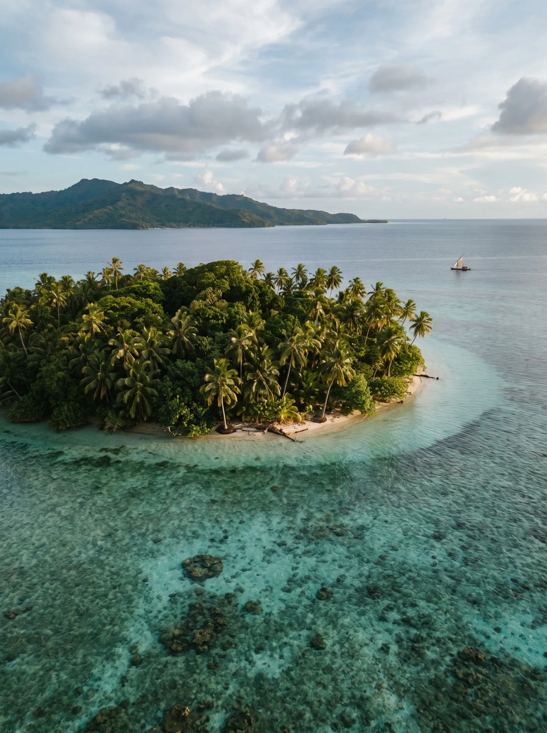 An aerial view of a small palm-covered island ringed by coral reef in Fiji