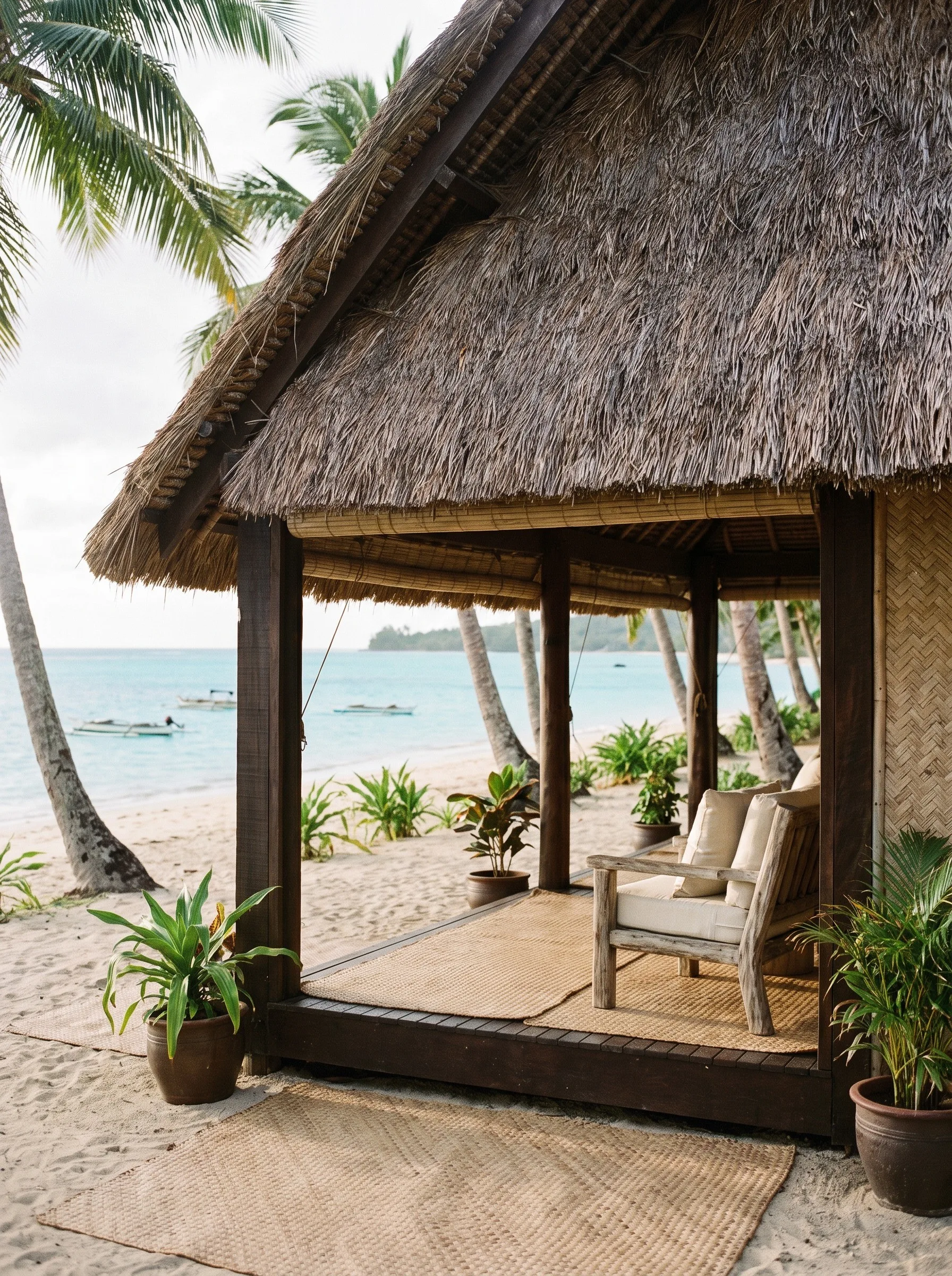 A thatched beach pavilion with armchairs and plants beside the sea