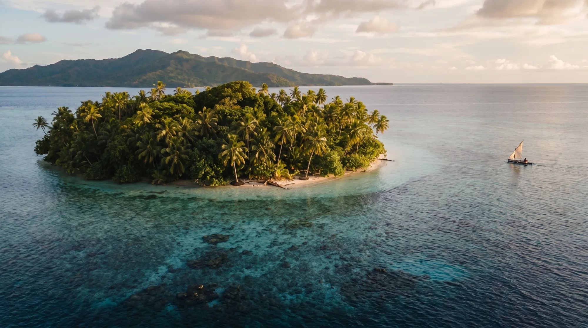 A small palm-covered island in a deep blue sea with a sailboat nearby