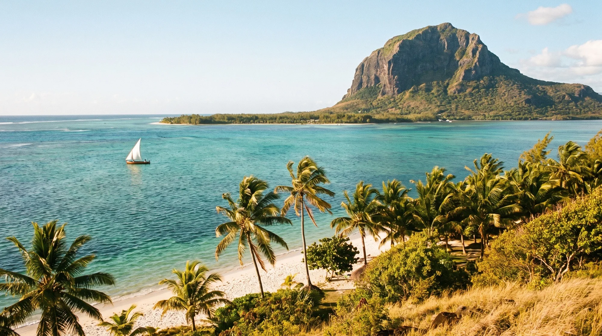 Le Morne mountain rising over a turquoise lagoon and palm-covered hills in Mauritius