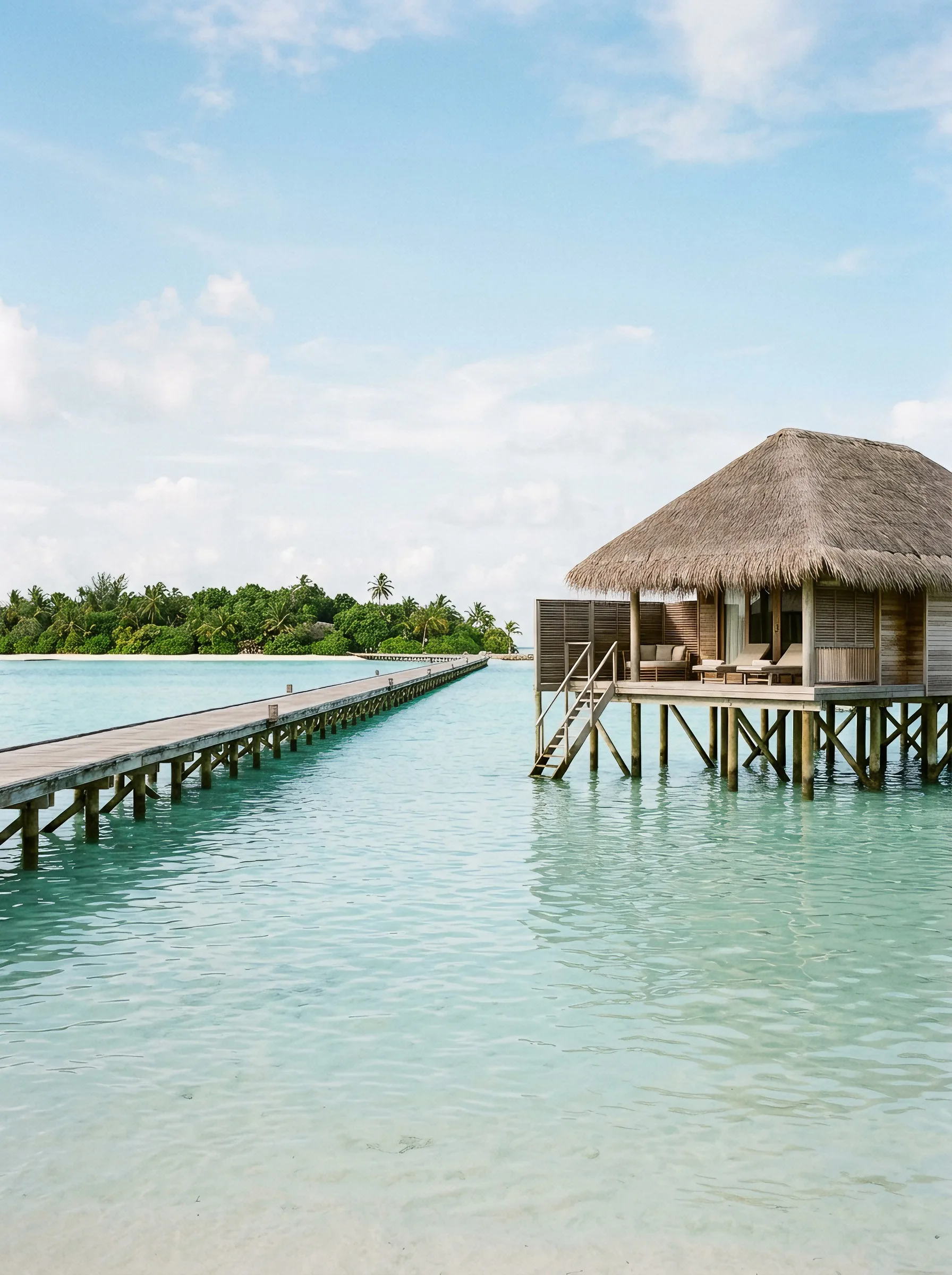 A wooden jetty leading to a thatched overwater villa in a clear Maldives lagoon