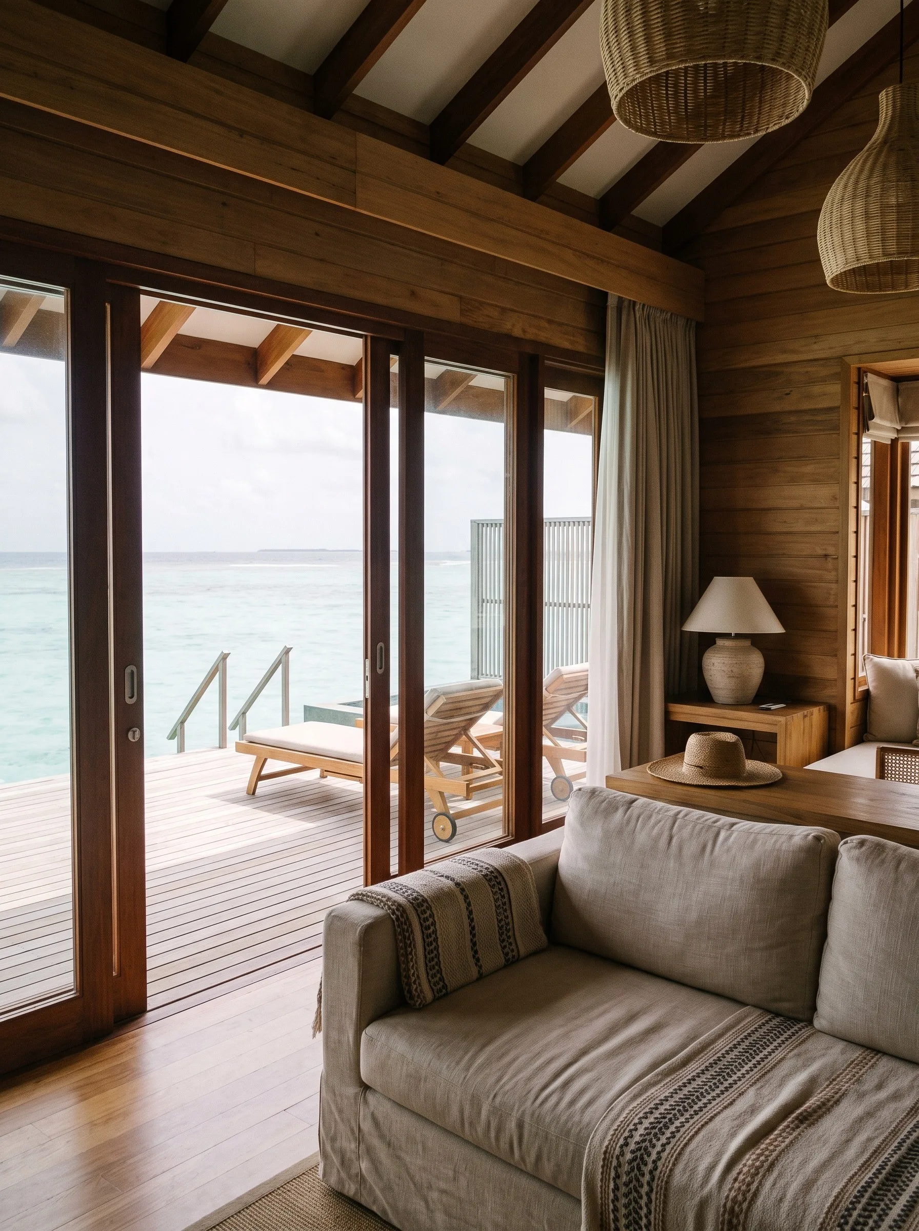 A timber villa living room opening onto a deck above the lagoon
