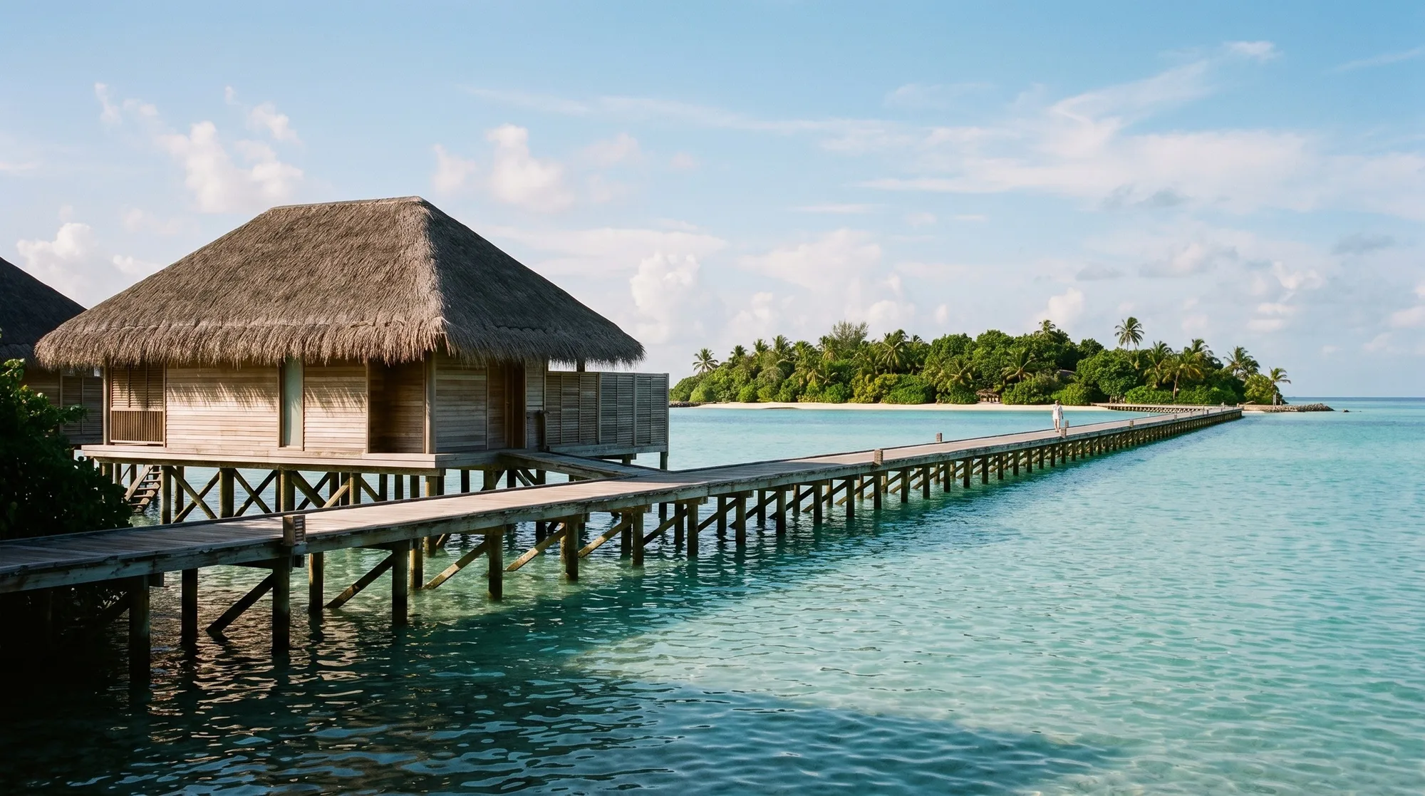 A thatched overwater villa and long jetty over a turquoise lagoon