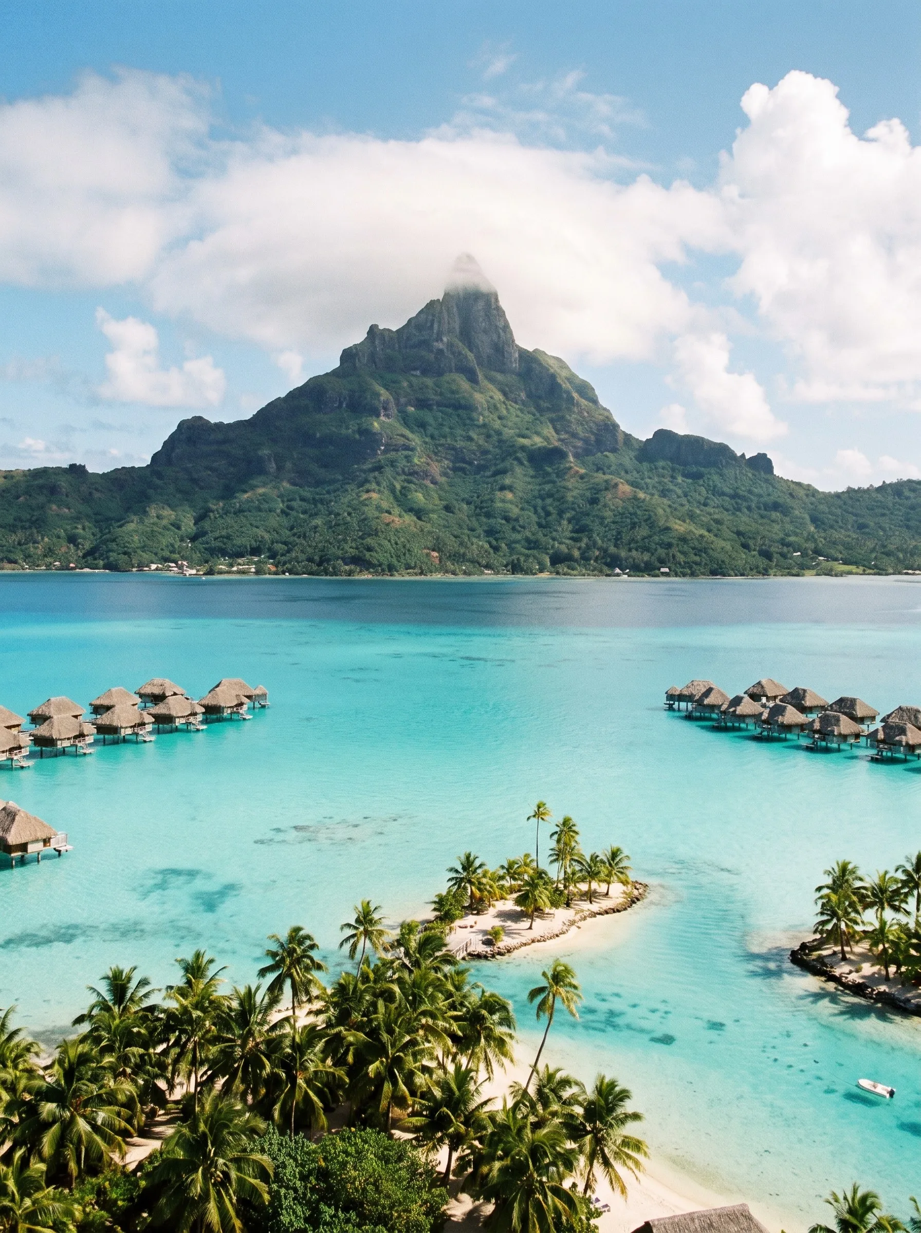 Overwater bungalows in a luminous lagoon beneath a volcanic peak in French Polynesia