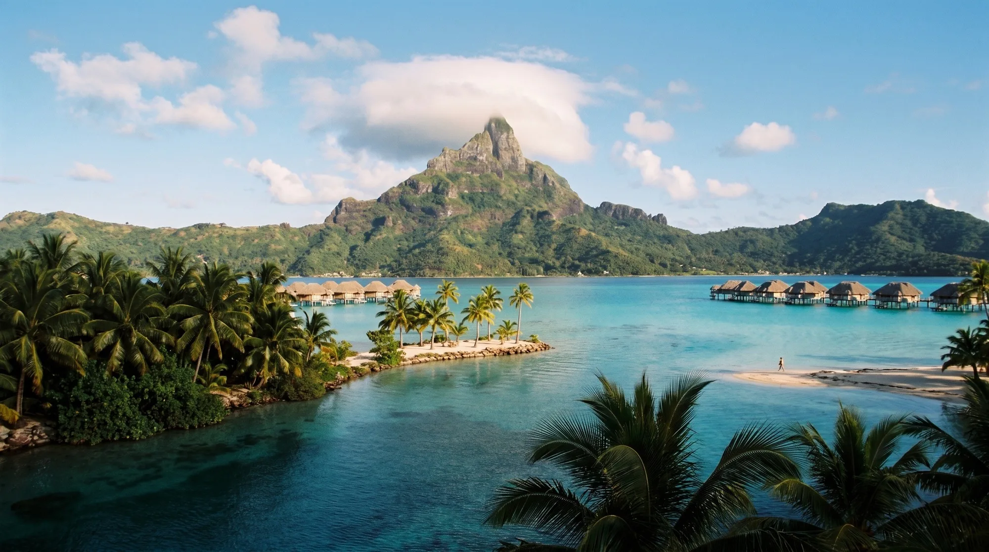 A volcanic peak above palms, overwater bungalows and a turquoise lagoon