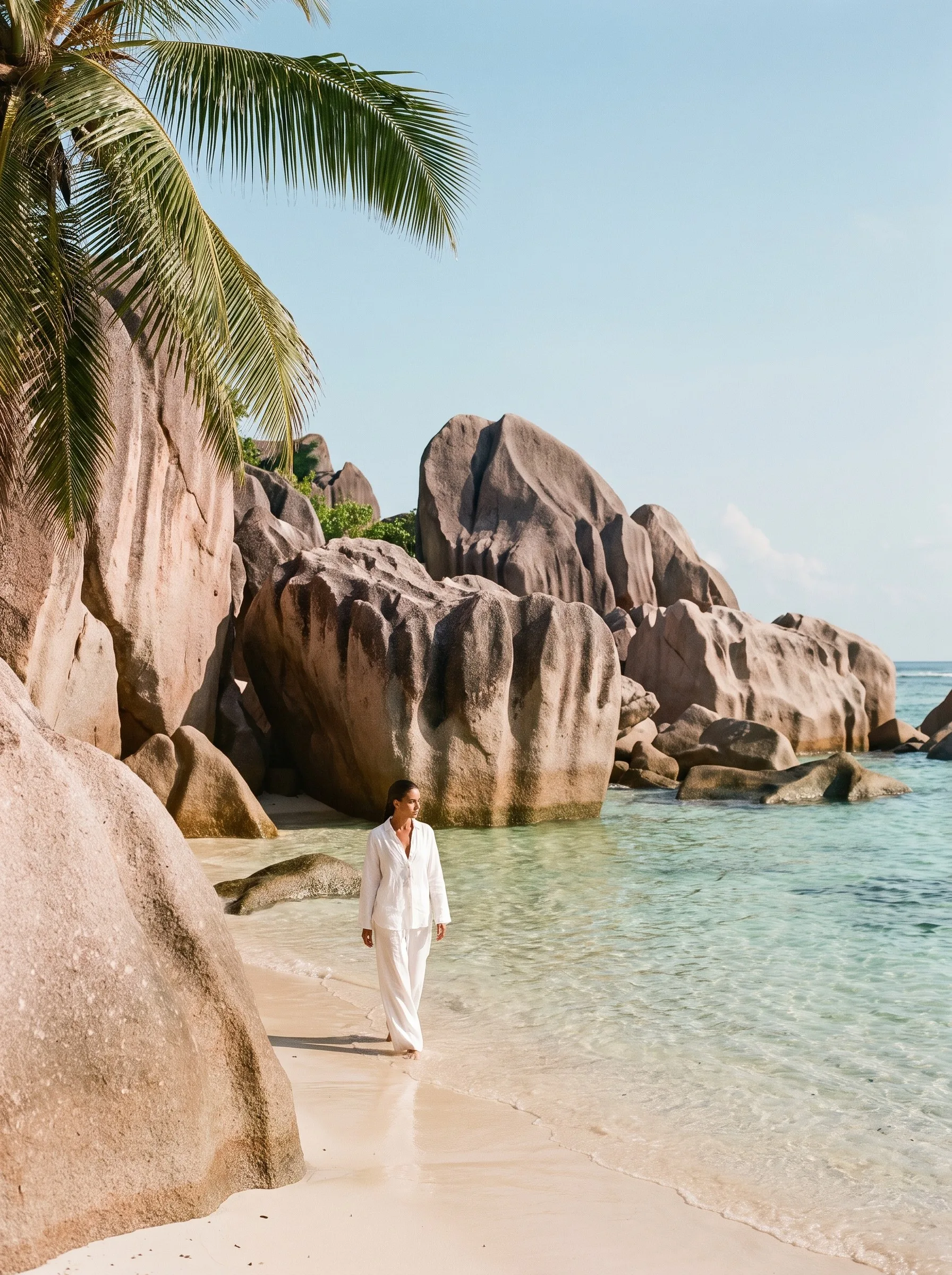 A woman in white walking between sculpted granite boulders on a Seychelles beach