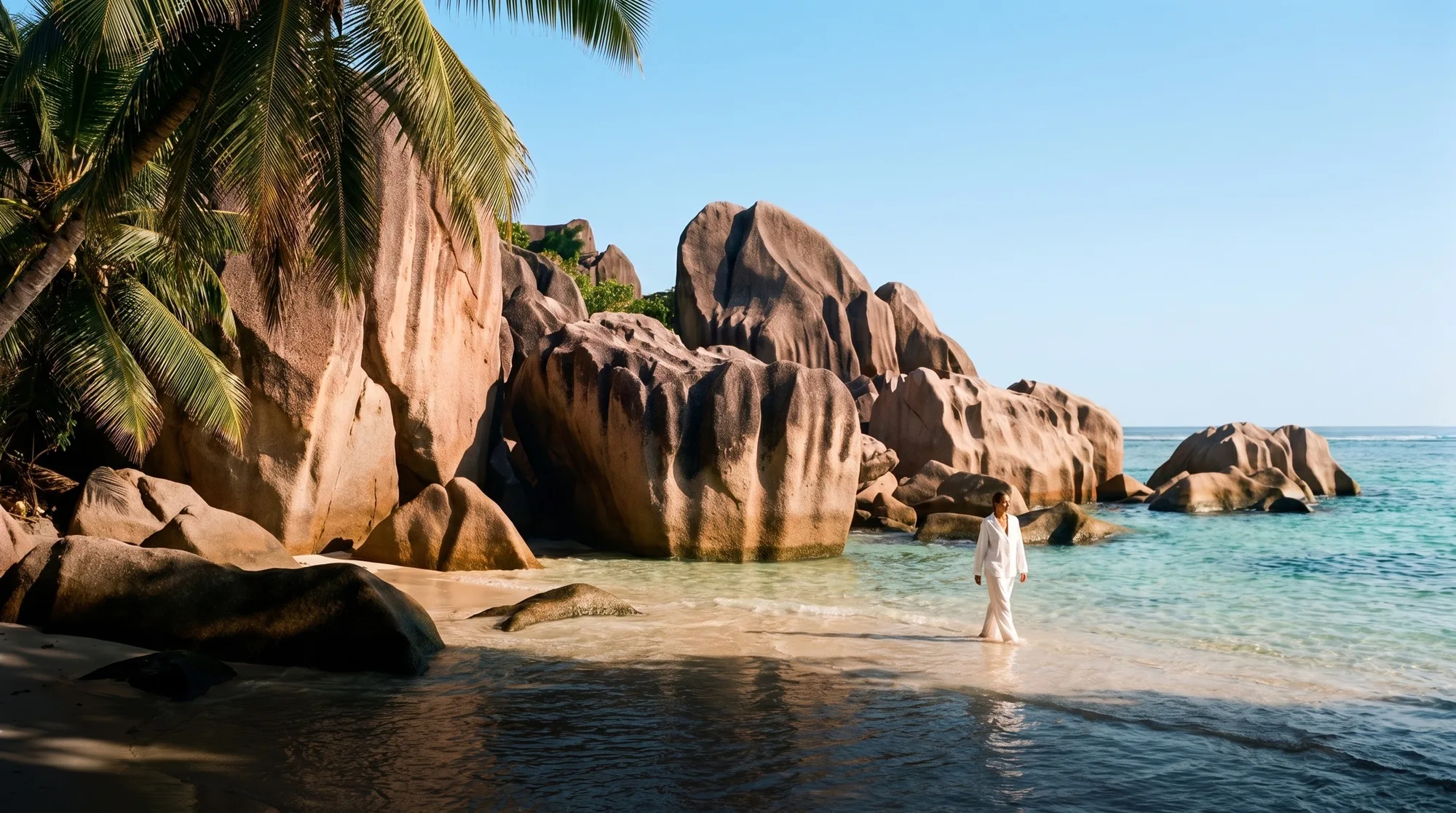 Granite boulders and shallow clear water on a beach in the Seychelles
