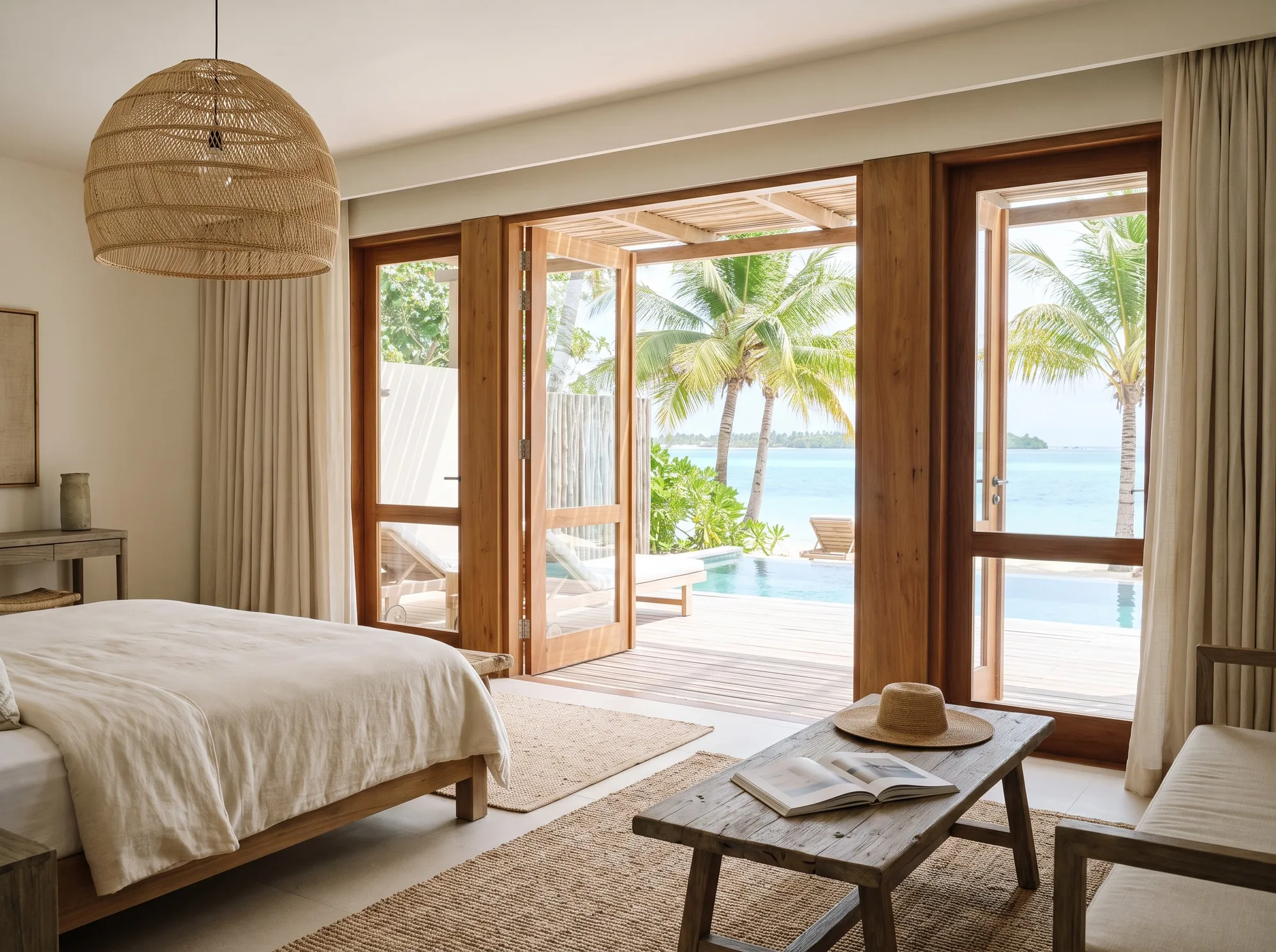 A calm bedroom with a woven pendant and doors open to a pool and the sea